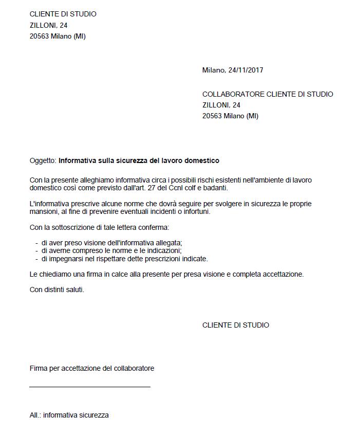 Lettera informativa sulla sicurezza di colf badanti e baby sitter Lettera informativa sulla sicurezza di colf badanti e baby sitter